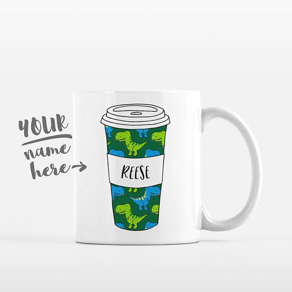 T-Rex Dinosaur Mug Pattern Travel Mug Drawing Personalized Coffee Mug Custom Mug Name Coffee Cup Personalized Gift for Boyfriend for Dad