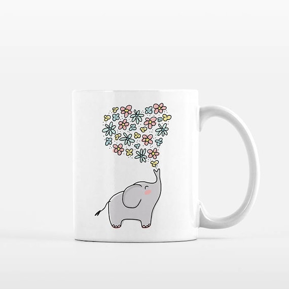 Elephant Mug, Elephant Coffee Mug, Elephant Gift Girlfriend Gift, Floral Mug, Heart Flowers Mug, Elephant Cup, Elephant Coffee Cup, Cute Mug