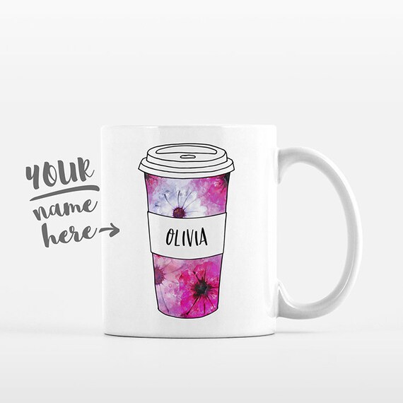 Watercolor Floral Mug Pattern Travel Mug Drawing Personalized Coffee Mug Custom Mug Name Coffee Cup Personalized Gift for Women Gift for Mom