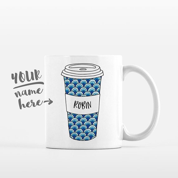 Waves Coffee Mug Pattern Tumbler Cup Drawing Personalized Mug Custom Coffee Cup Name Mug Personalized Gift for Friend Coffee Gift for Her