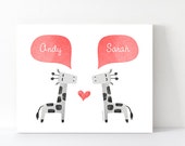 GIRAFFE Couple Personalized Wall Art Unique Engagement Gift for Couple Gray Red Home Decor Animal Love Art Print - 5x7 or 8x10
