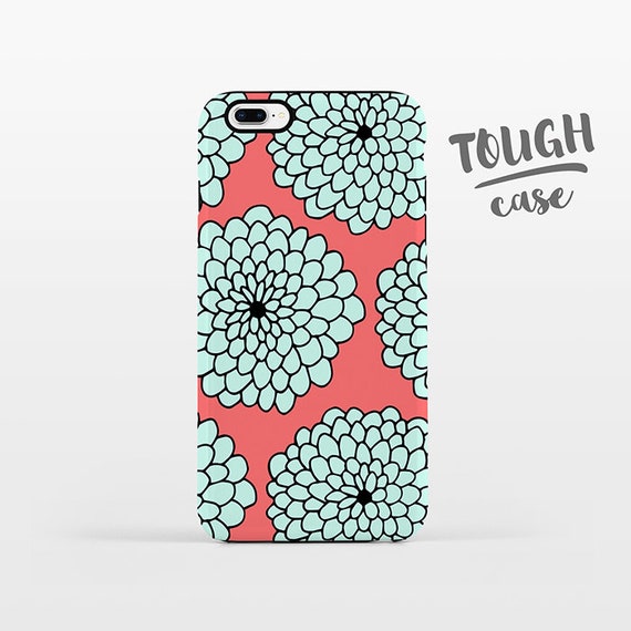 Floral Phone Case iPhone X Case iPhone 8 Plus Case iPhone 7 Plus Case iPhone 6 Case iPhone 6S Case SE 5s 5c 5 Mint Coral Large Flowers TOUGH