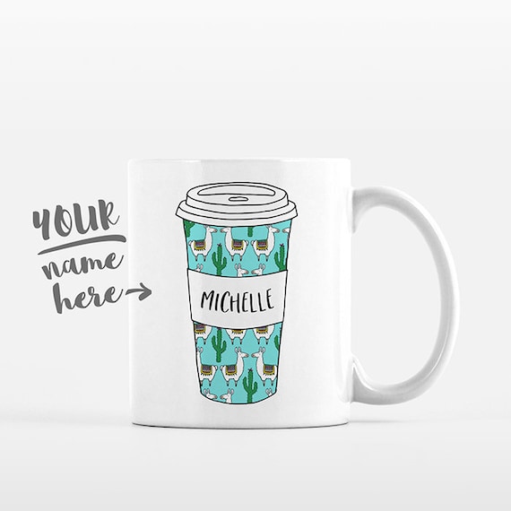 Cactus and Llama Mug Pattern Travel Mug Drawing Alpaca Personalized Coffee Mug Custom Mug Name Coffee Cup Personalized Gift for Kid Boy Girl