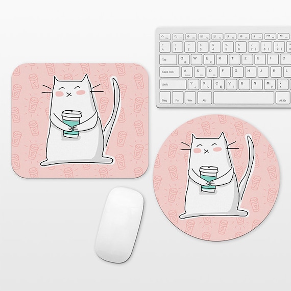 Cat Coffee Mouse Pad Coffee Cat Mousepad, Pink Mouse Pad Cute Mouse Mat, Round Rectangular, Desk Decor Office Desk Accessories for Women