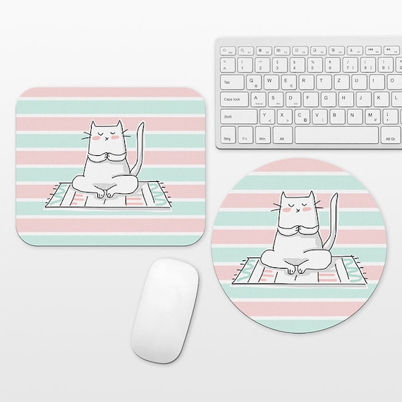Yoga Cat Mouse Pad, Cat Mousepad, Mint Pink Mouse Pad Cute Mouse Mat, Circle Round Rectangular, Cubicle Decor Desk Office Decor for Women