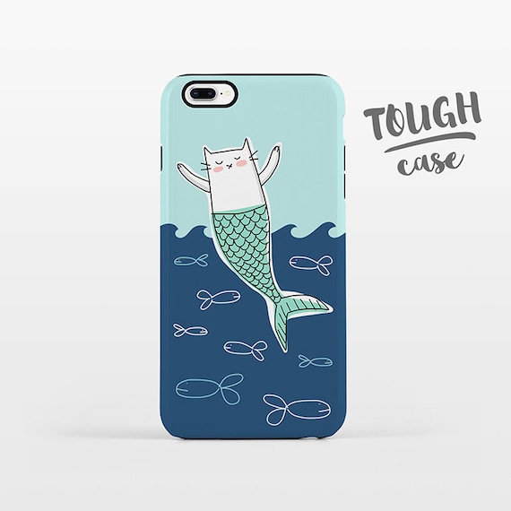 Cat Mermaid Phone Case iPhone 8 Plus Case iPhone X Case iPhone 7 Case iPhone 8 Case iPhone SE Case 6 6s 5s 5c 5 4 Aqua Navy Blue TOUGH