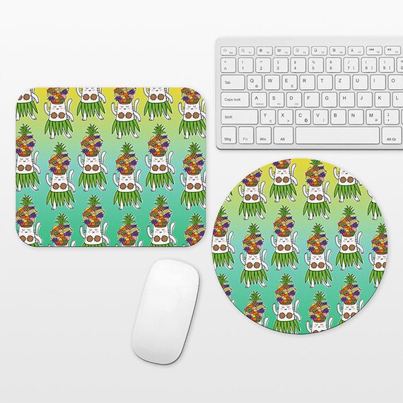 Hawaiian Dancer Cat Mouse Pad, Fruits Tropical Mousepad, Colorful Pattern Fun Mouse Mat, Round Rectangular, Office Decor Desk Accessories