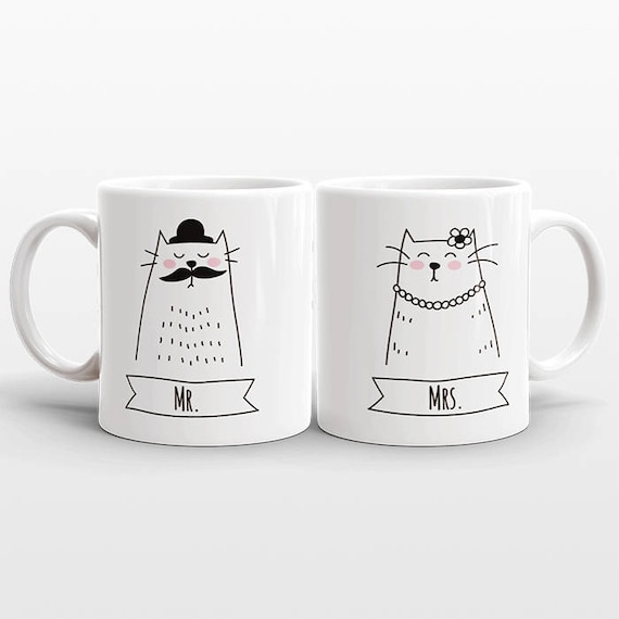 MR and MRS Mugs Set of 2 Two Personalized Gift Idea for Couple Mugs Wedding Gift for Couple Gift Engagement Gift Cat Mugs Animal Coffee Mugs