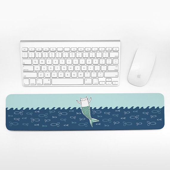 Cat Mermaid Keyboard Wrist Pad Rest, Aqua Navy Blue Wrist Keyboard Rest, Ocean Sea Wrist Rest for Keyboard Pad, Desk Office Decor for Women