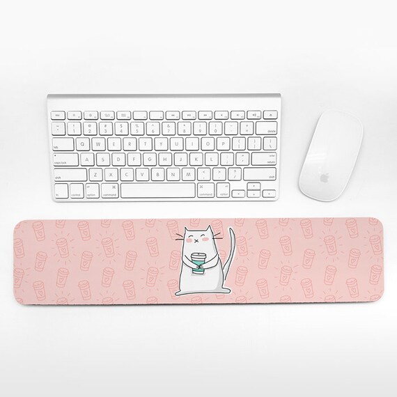 Coffee Cat Keyboard Wrist Rest Pad, Coral Pink Wrist Keyboard Rest, Cat Coffee Wrist Pad for Keyboard Pad, Cute Desk Cubicle Decor for Women
