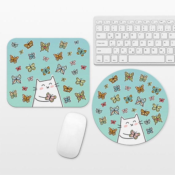 Cat Butterfly Mouse Pad, Butterflies Mousepad, Blue Cute Mouse Mat, Circle Round Rectangular, Desk Decor Office Desk Accessories for Women