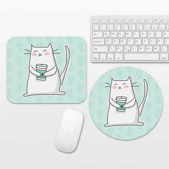 Cat Coffee Mouse Pad Coffee Cat Mousepad, Mint Green Funny Mouse Mat Circle Round Rectangular, Cubicle Decor Desk Office Decor for Women Men