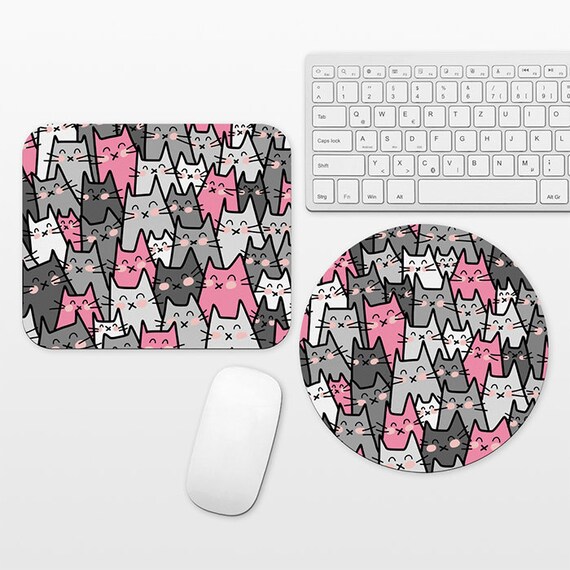 Cat Mouse Pad, Cat Mousepad, Pink and Gray Mouse Pad, Cute Mouse Mat, Circle Round Rectangular, Cubicle Decor Desk Office Decor for Women
