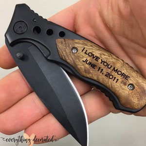 I love you more, engraved pocket knife, gift for boyfriend, anniversary gift, wedding gift from bride, gift from wife, gift for groom image 1