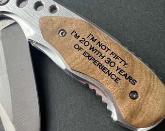 50th birthday gift for men husband, Dad, Uncle 50 Year Old Gift, Custom engraved wood pocket knife with Birthday, birthday gift.