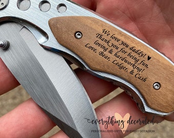 Christmas Gift For Dad, Engraved Wood Handle Custom Pocket Knife Best Gift from Daughter Xmas Gift from Son