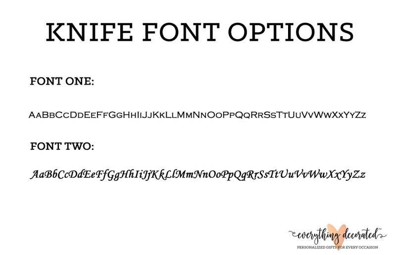 May include: Two font options for a knife design. The first font is in all caps and the second font is in lowercase with some letters in cursive.