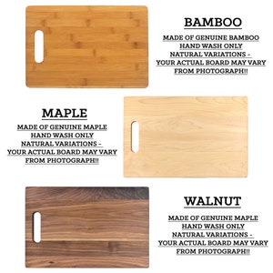 May include: Three different cutting boards made of bamboo, maple, and walnut wood. Each board has a handle and the text "Made of genuine [wood type] Hand wash only Natural variations - Your actual board may vary from photograph!!"