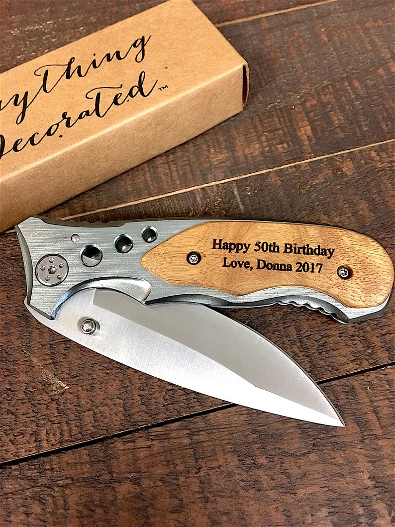 50th Birthday Gift For Men, Personalized Pocket Knife, Custom Engraved Wood Handle Folding Hunting Knife, Birthday Gift For Husband, Dad Stainless