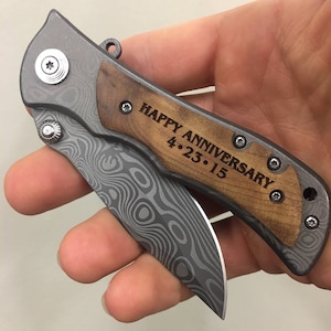 Anniversary Gifts For Men, Happy Anniversary Engraved Pocket Knife, Personalized Gift For BoyFriend, Wood Handle Folding Knife