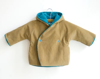 Manteau de bébé à capuchon fait main en velours côtelé et toison. Pour les tout-petits et le bébé. Tailles NB -> 4T - VLADO - alualiule - Alua Liulé