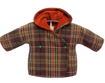 Hoodie wool and fleece jacket for toddler and baby. 100% wool outside, orange and green. Sizes NB > 4T - HIPPY - alualiule - Alua Liulé