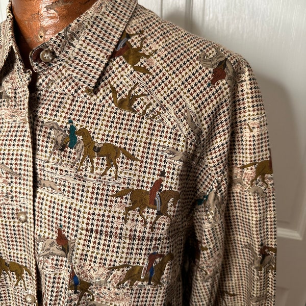 Men's Button Front Shirt Country Shop Brown Horse Equestrian Top Dress Shirt Sport Racing Size Large