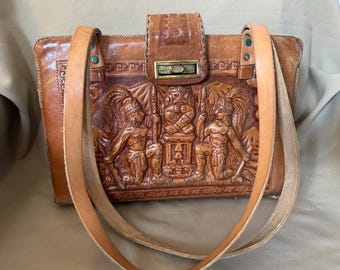 Unique Purse Vintage Mexican Leather Handbag 1980&#39;s Shoulder Bag Aztec Design