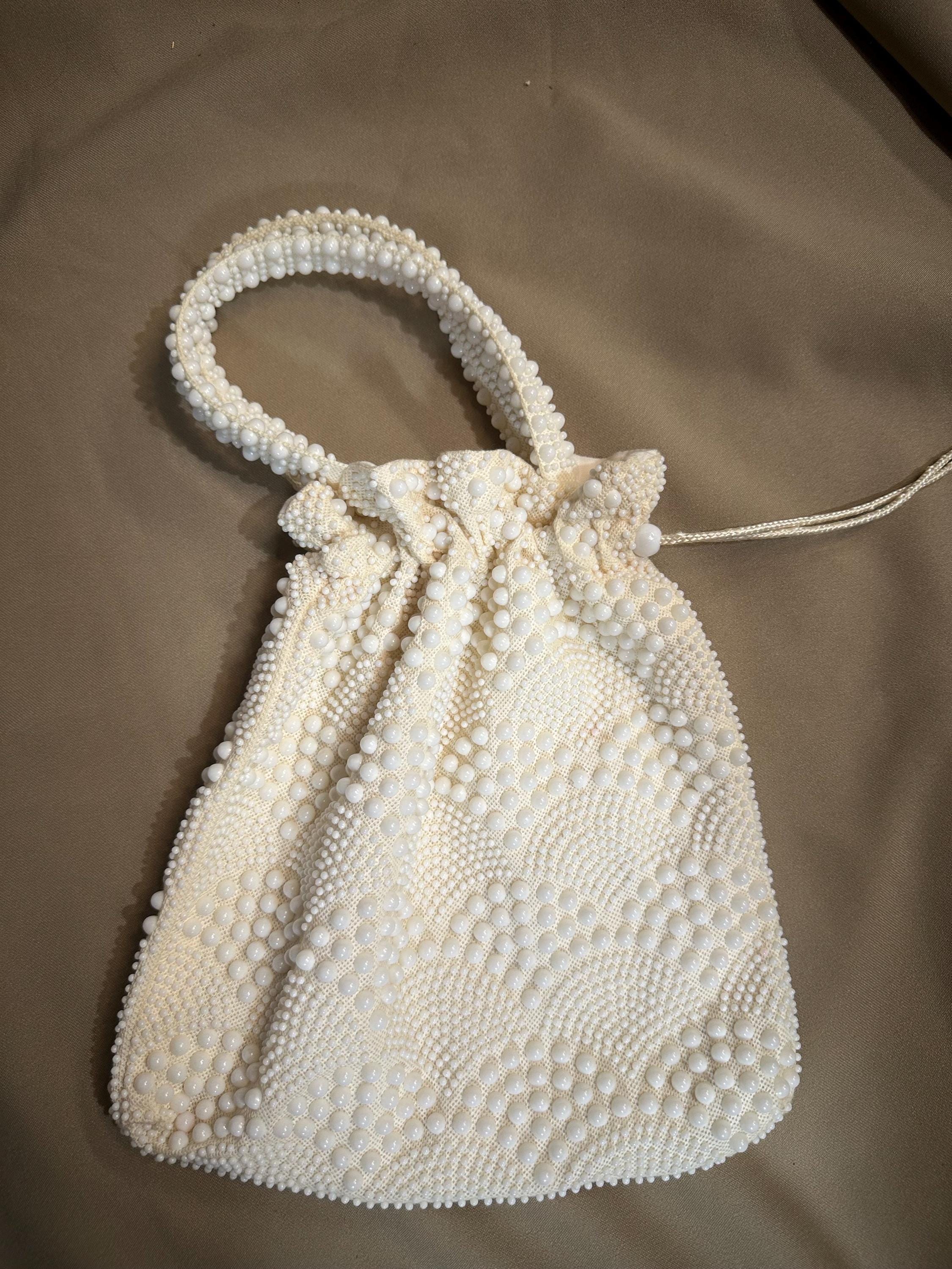 Purse Vintage Gumdrop Candy Beads Drawstring White Hand Bag