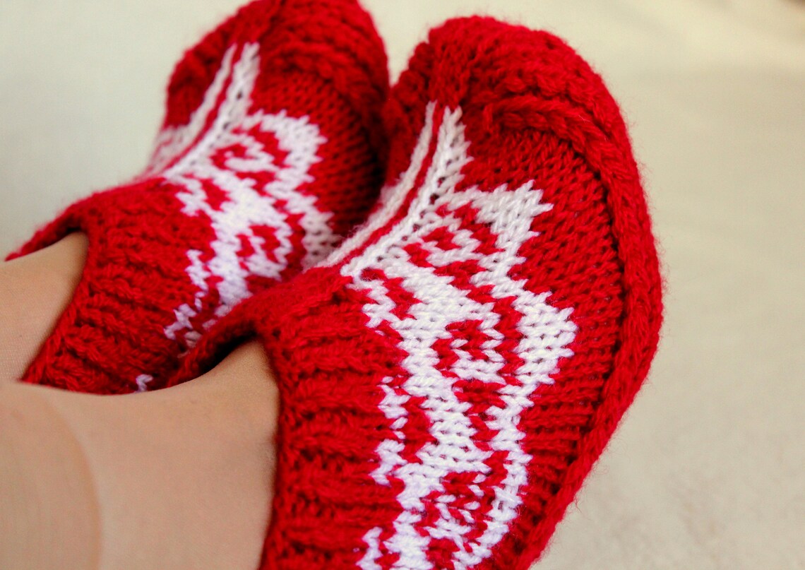 Knitted Slippers Red and White Fair Isle without Sewing PDF Pattern ...
