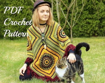 Crochet Boho Poncho for Woman with Tassels - Boho style - DIY - PDF Crochet Pattern - in English Language