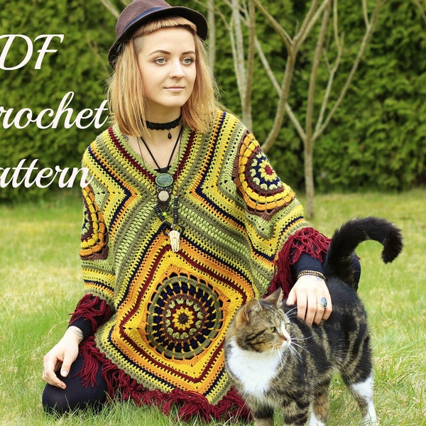 Crochet Boho Poncho for Woman with Tassels - Boho style - DIY - PDF Crochet Pattern - in English Language