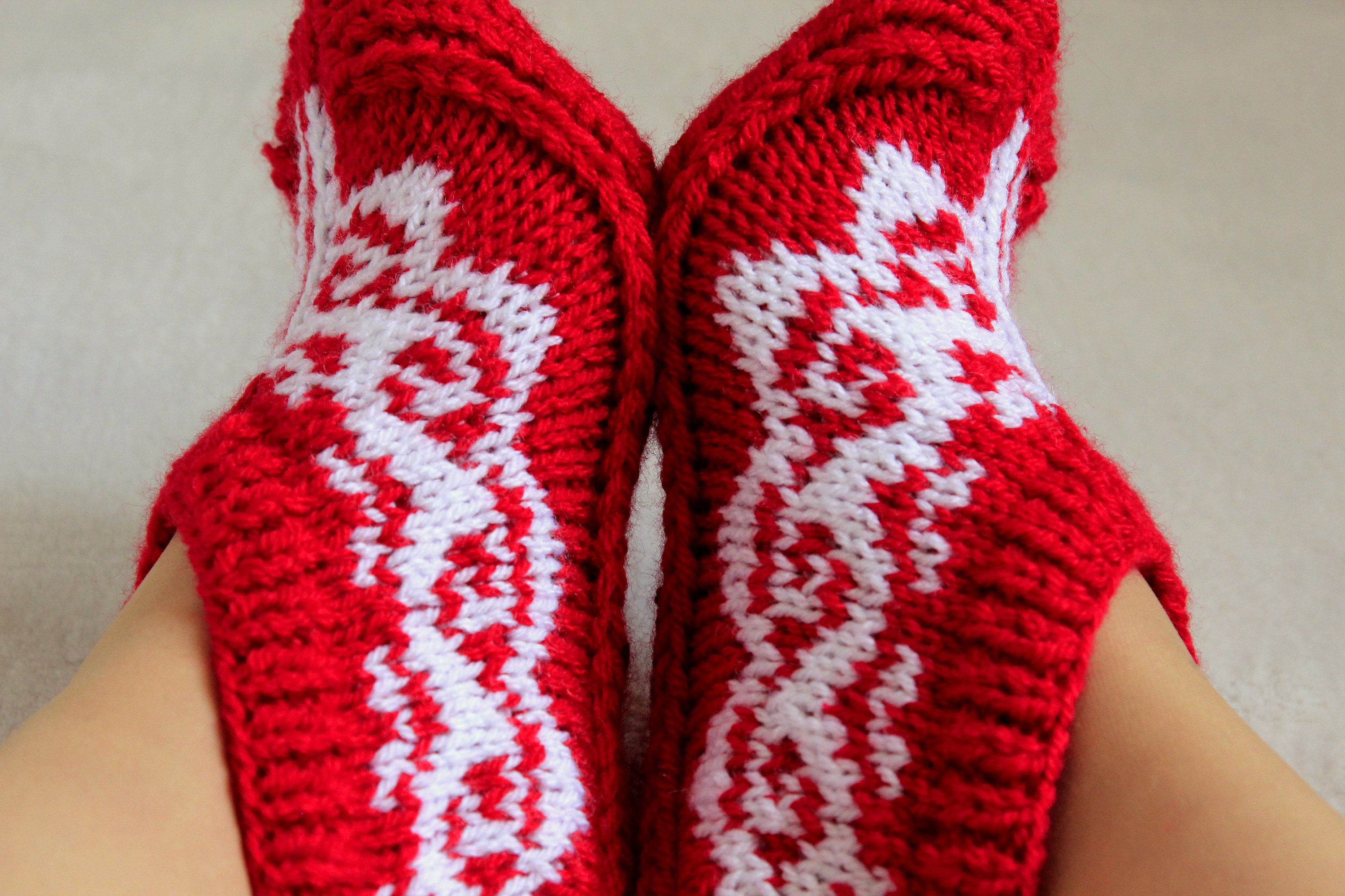 Knitted Slippers Red and White Fair Isle without Sewing PDF Pattern ...
