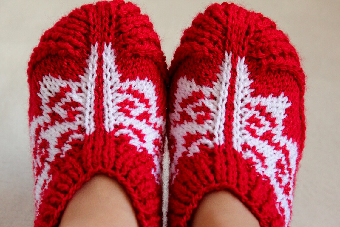 Knitted Slippers Red and White Fair Isle without Sewing PDF Pattern ...