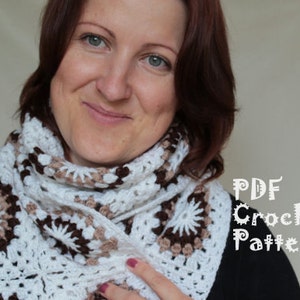 May include: A woman wearing a white, brown, and beige crochet scarf with a "PDF Crochet Pattern" text overlay.