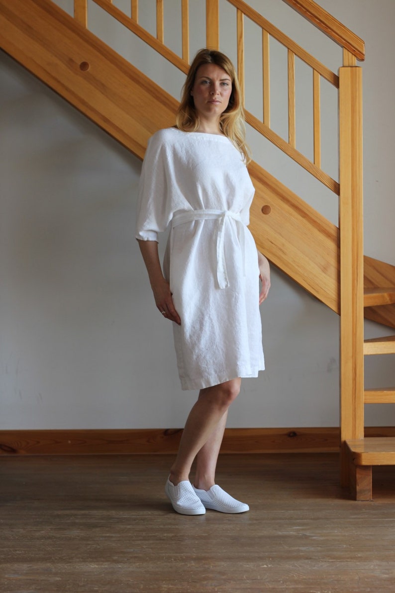 Linen Dress White Linen Dress Oversize Linen Dress V Neckline Etsy