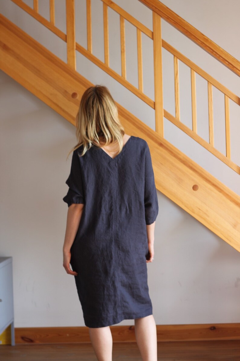 Linen dress Navy linen dress Oversize linen dress V neckline dress Round neckline dress Women Midnight Blue Beige White Sky Blue dress