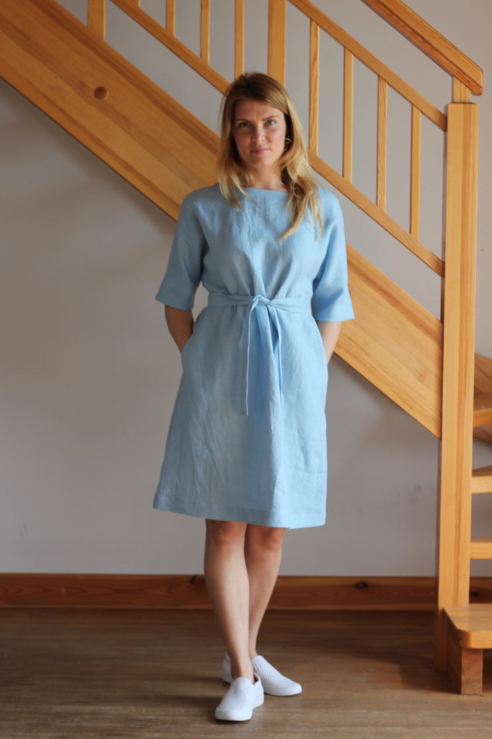 Linen Dress Round Neckline Dress Sky Blue Linen Dress Classic Etsy