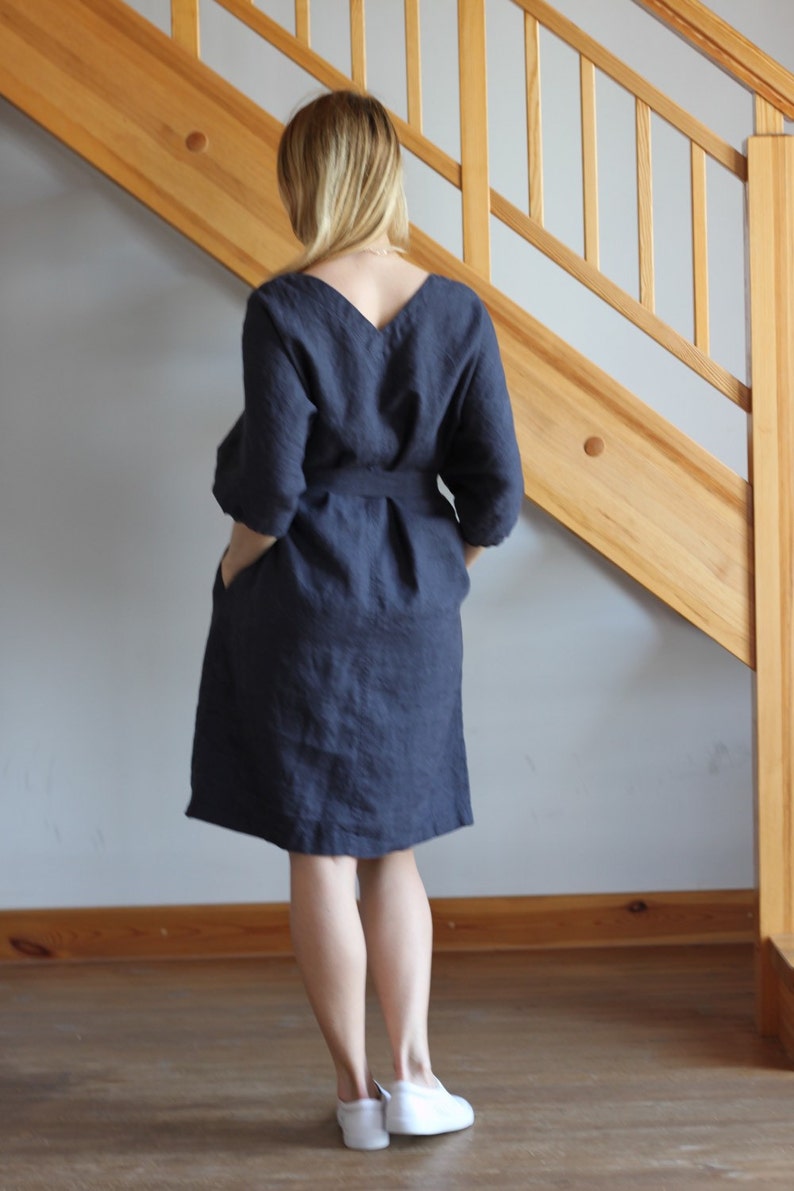 Linen dress Navy linen dress Oversize linen dress V neckline dress Round neckline dress Women Midnight Blue Beige White Sky Blue dress