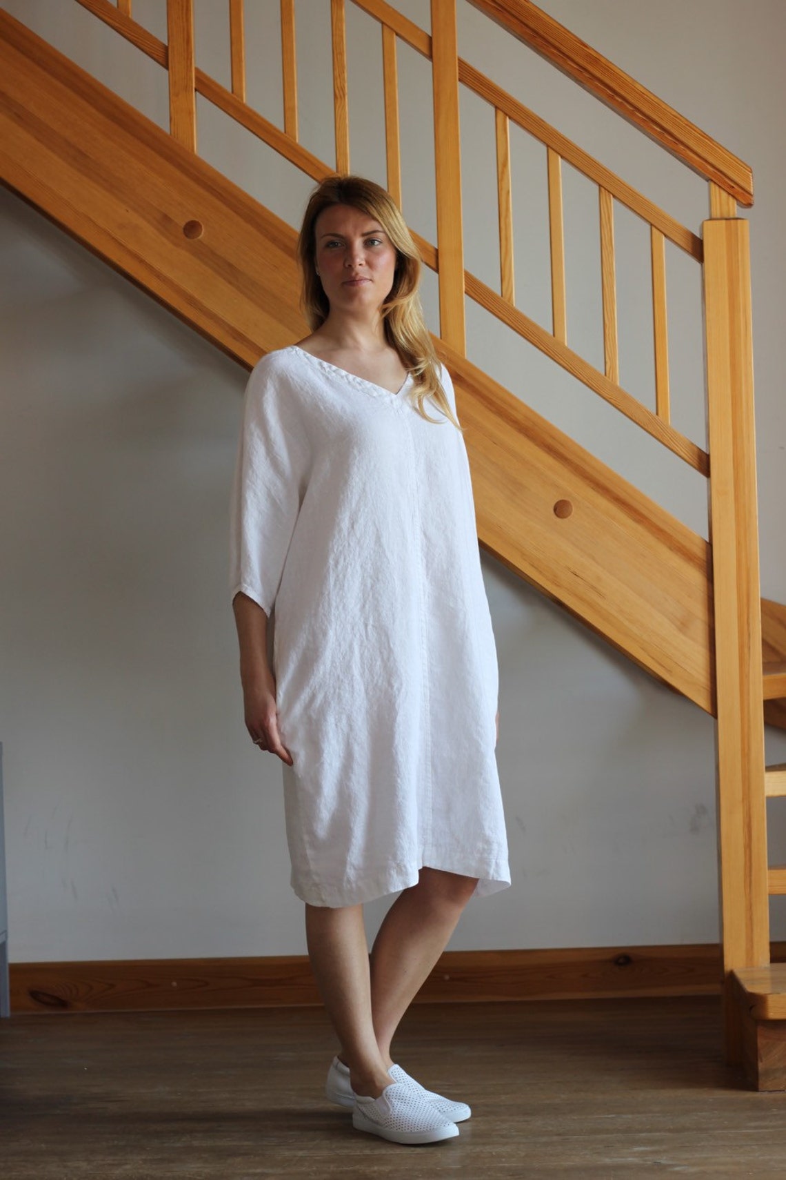 Linen Dress White Linen Dress Oversize Linen Dress V Neckline Etsy