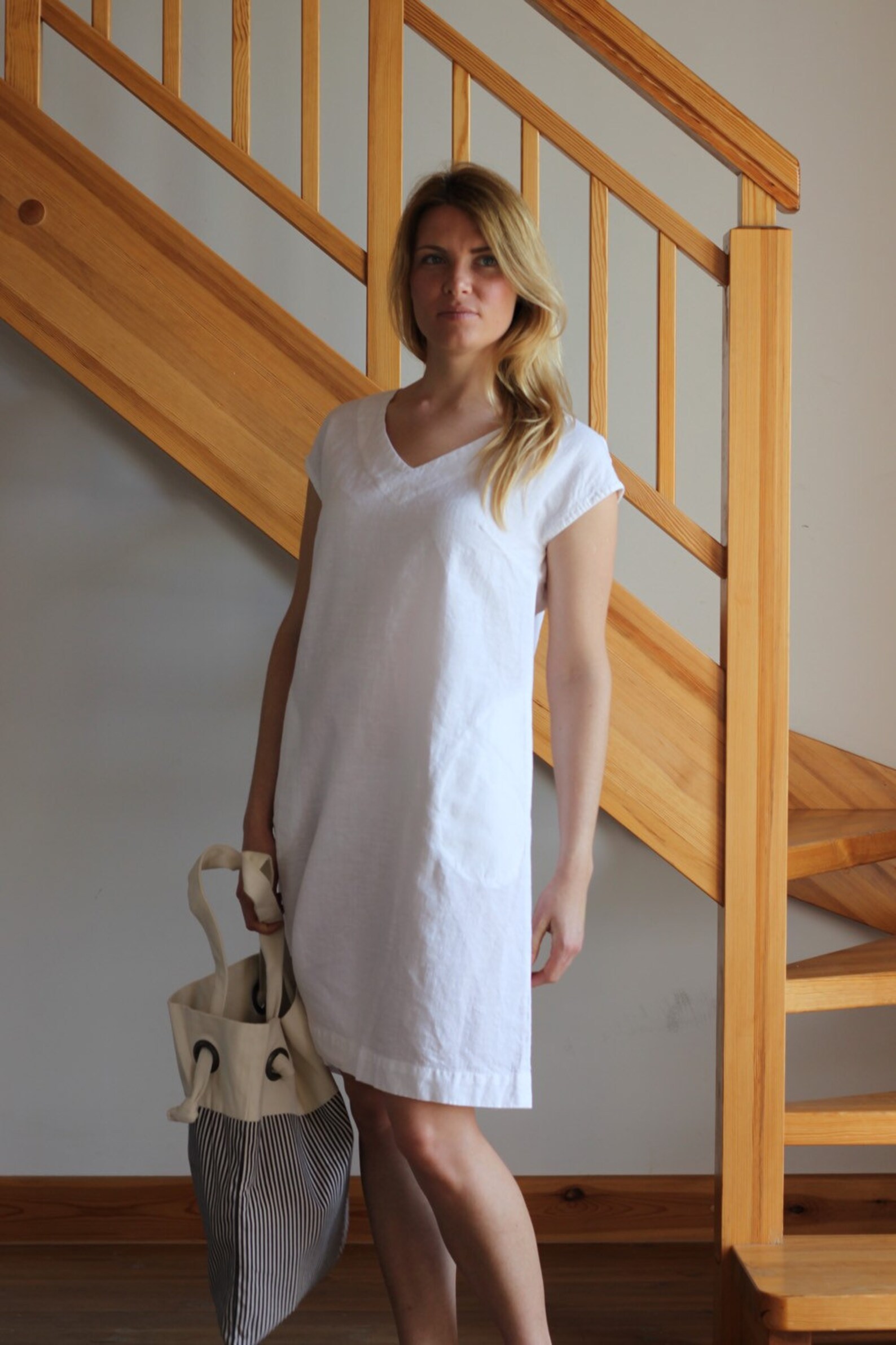 Linen Dress White Linen Dress Oversize Linen Dress V Neckline Etsy