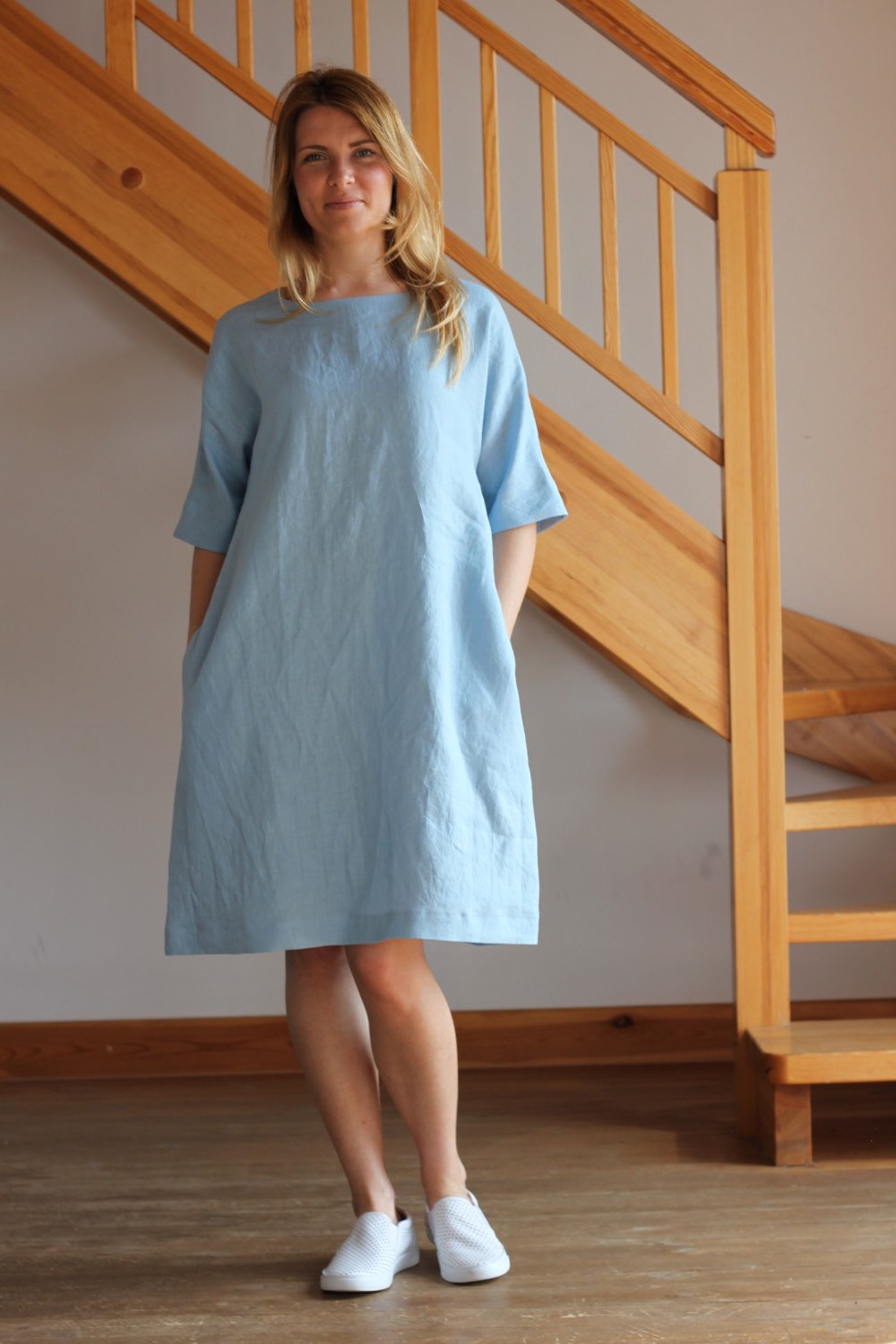 Linen Dress Round Neckline Dress Sky Blue Linen Dress Classic Etsy