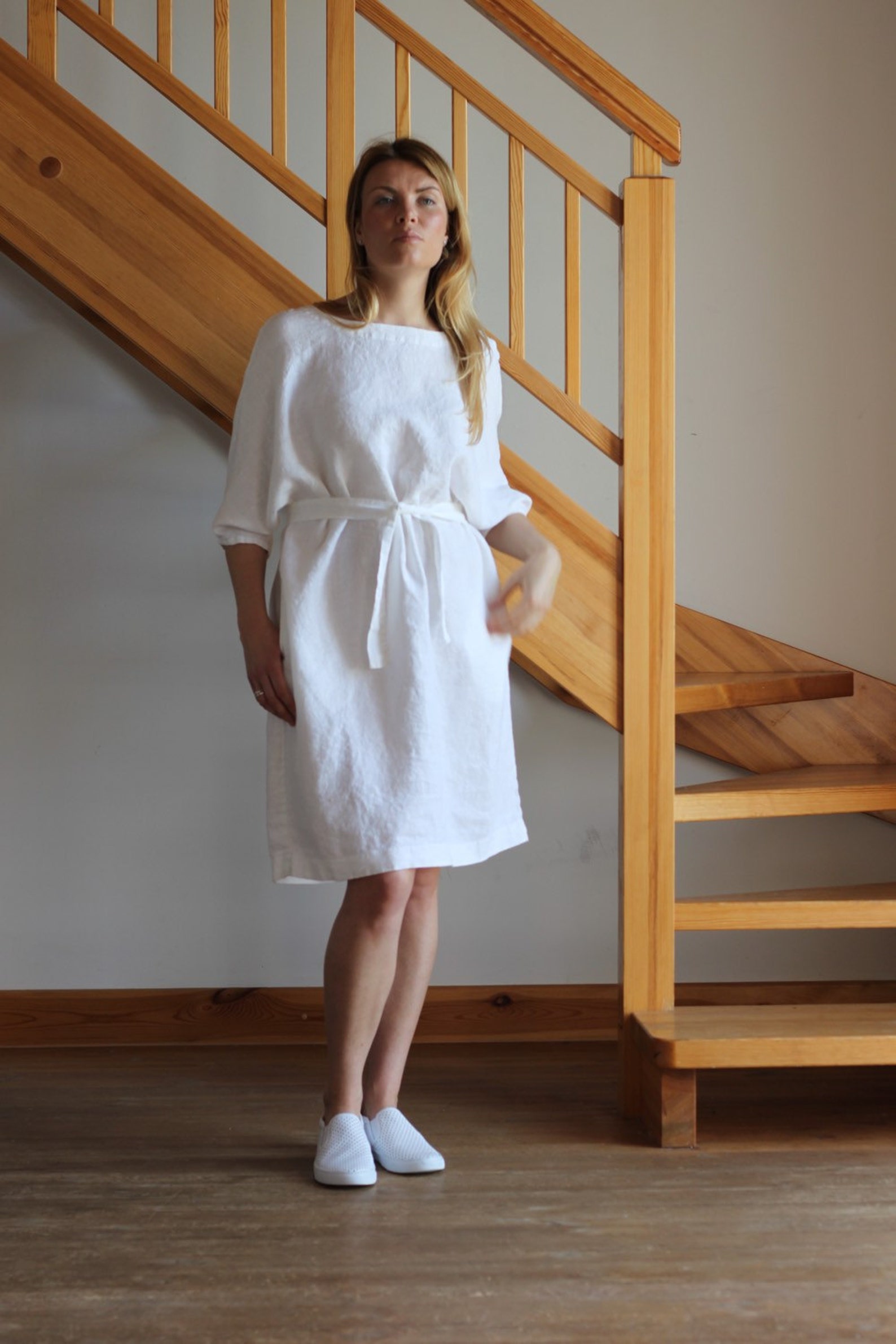 Linen Dress White Linen Dress Oversize Linen Dress V Neckline Etsy