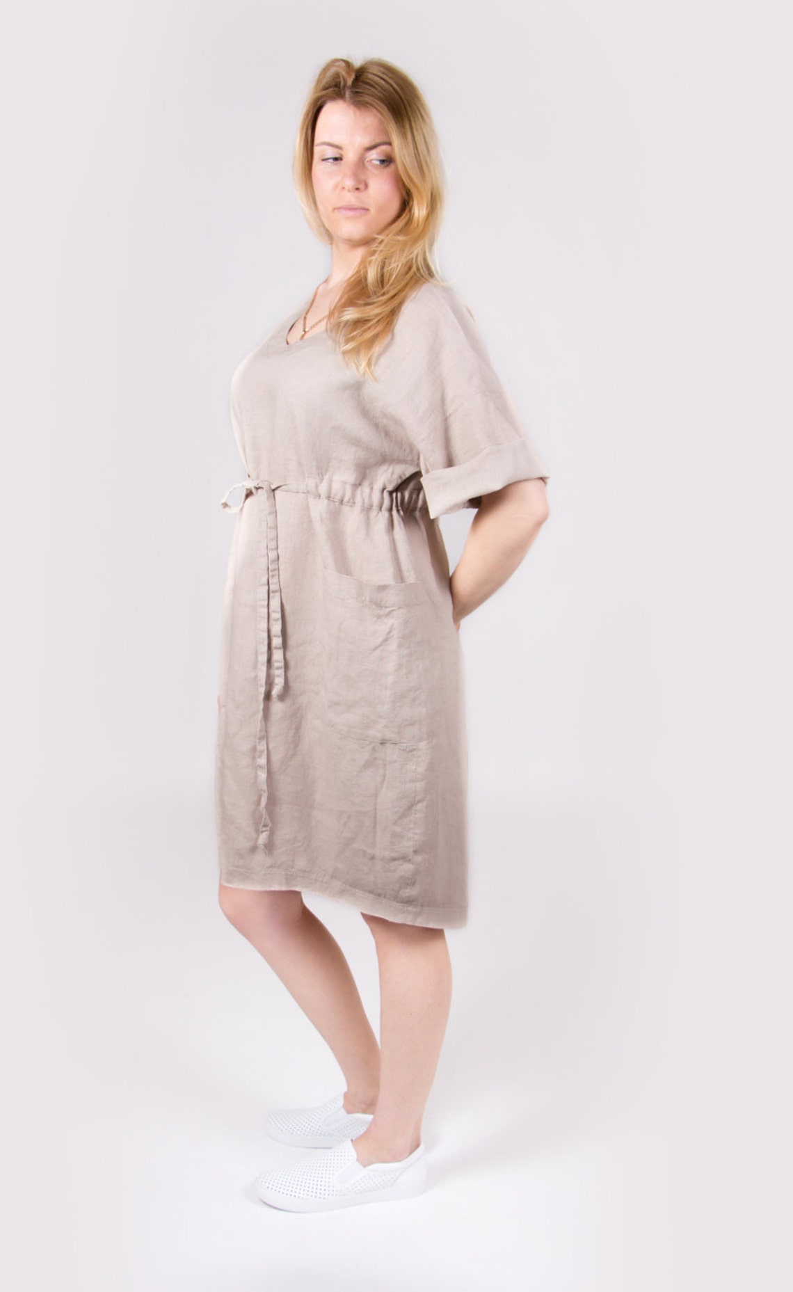 Beige Dress Linen Dress Oversize Linen Dress V Neckline Dress - Etsy