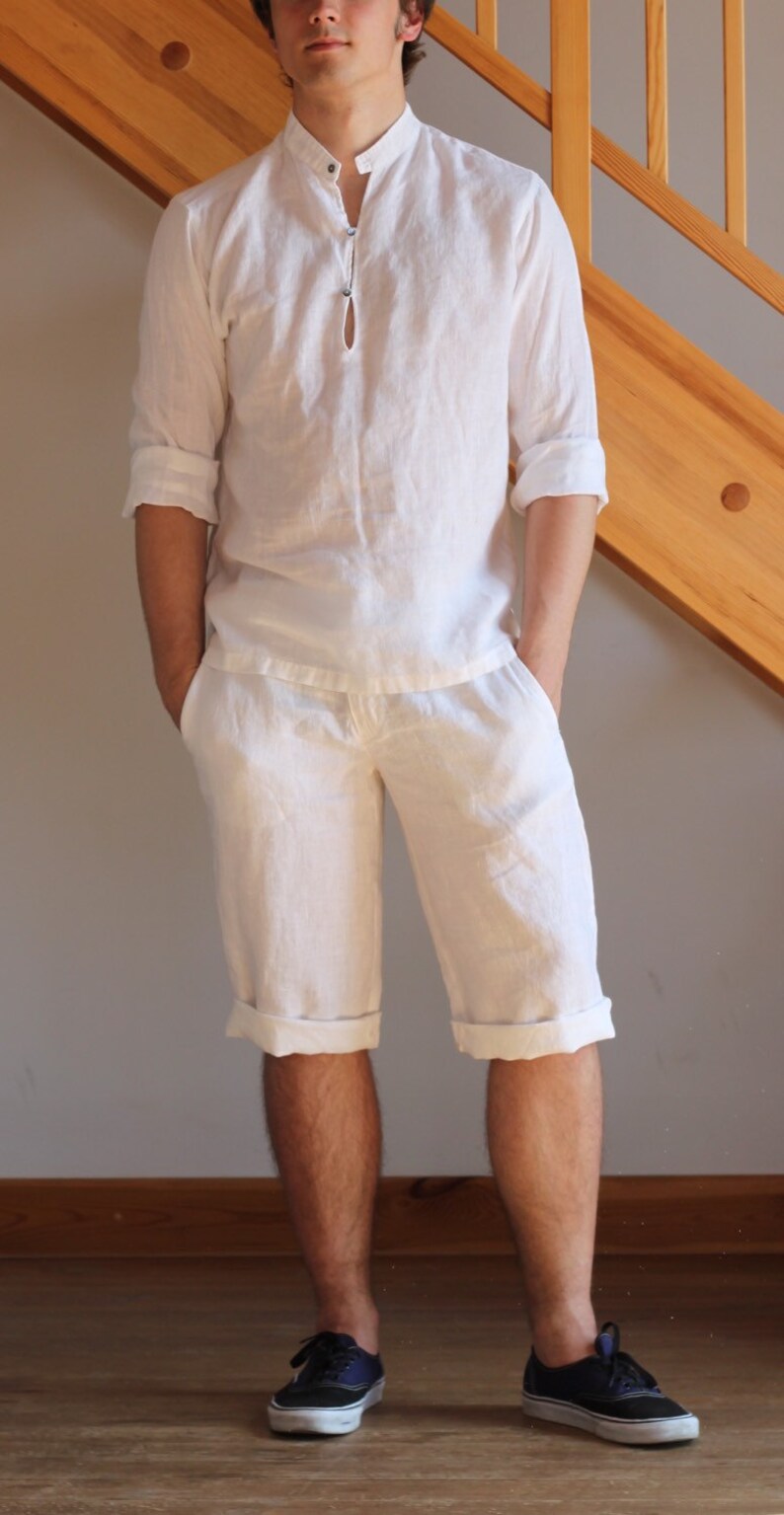 Man White Knee Length Shorts Linen Beach Wedding Party Special Etsy