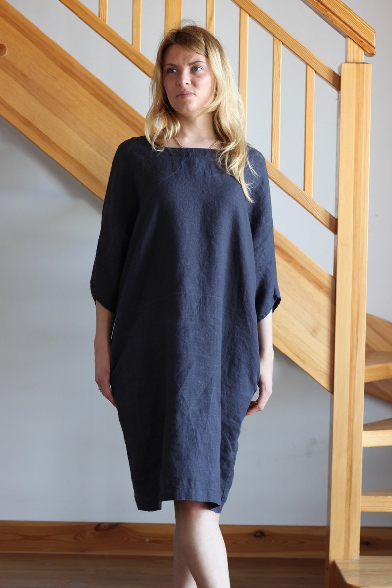 Linen dress Navy linen dress Oversize linen dress V neckline dress Round neckline dress Women Midnight Blue Beige White Sky Blue dress