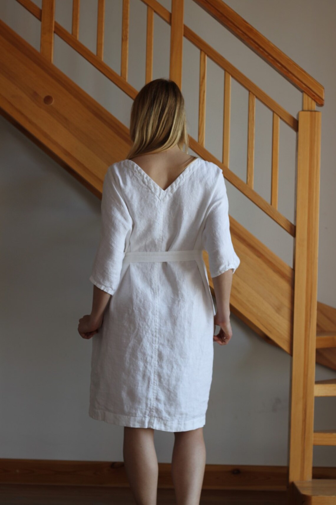 Linen Dress White Linen Dress Oversize Linen Dress V Neckline Etsy