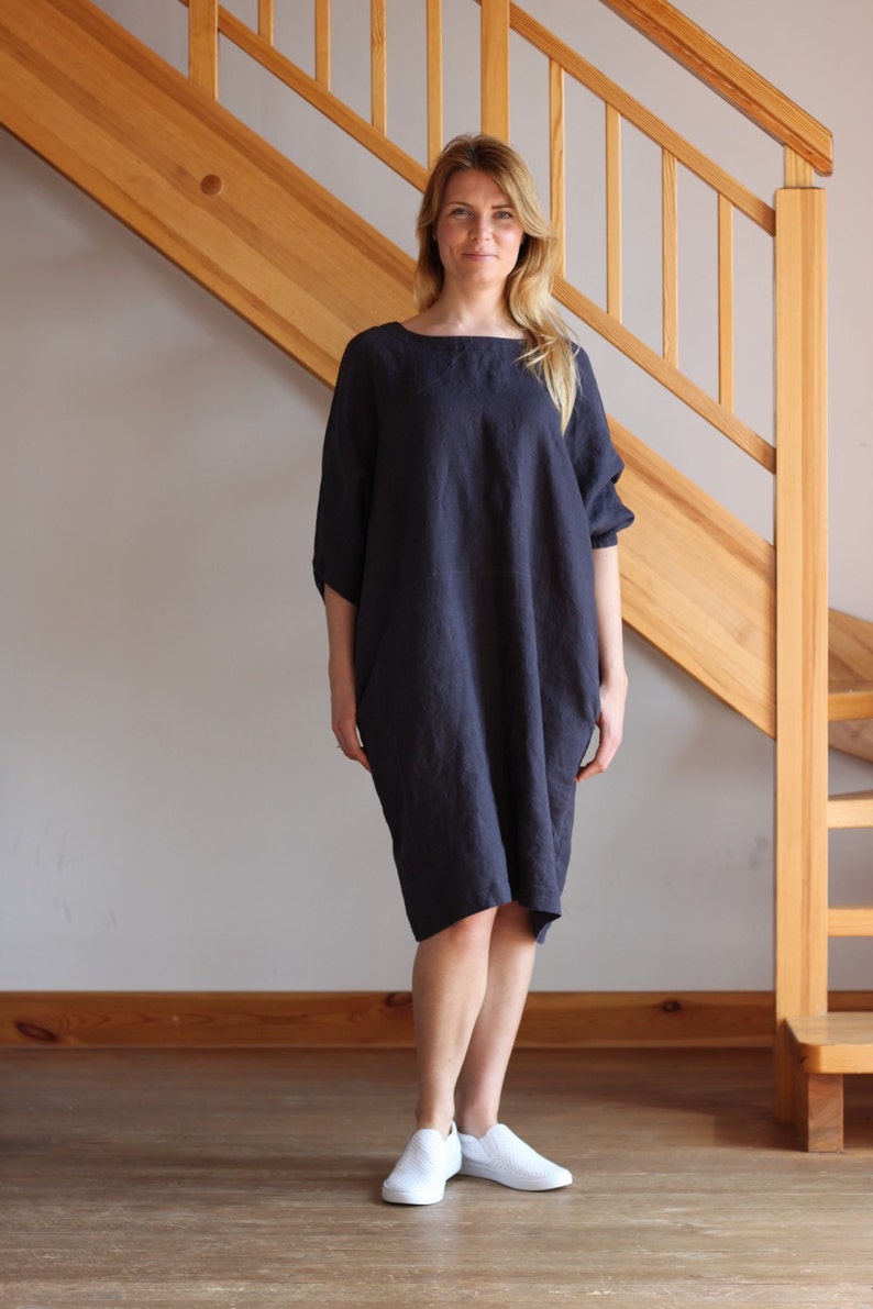 Linen dress Navy linen dress Oversize linen dress V neckline dress Round neckline dress Women Midnight Blue Beige White Sky Blue dress