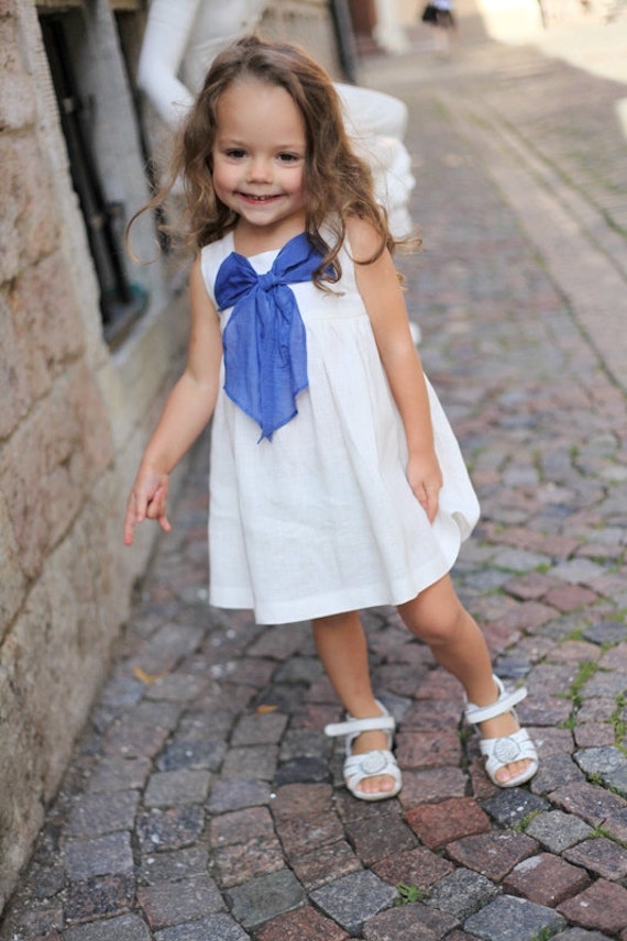 Girls Summer Dress D25 White Linen Blue 