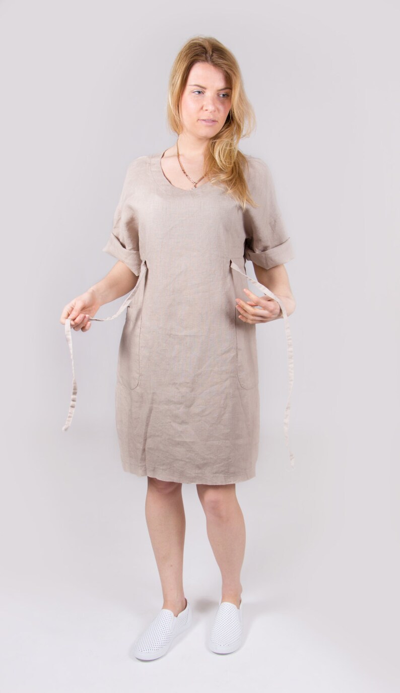 Beige dress Linen dress Oversize linen dress V neckline dress | Etsy